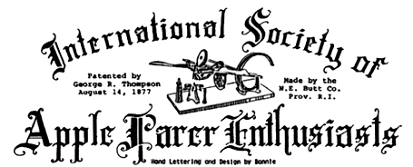 Banner in fancy lettering:  International Society of Apple Parer Enthusiasts With Drawing of Thompson by Bonnie